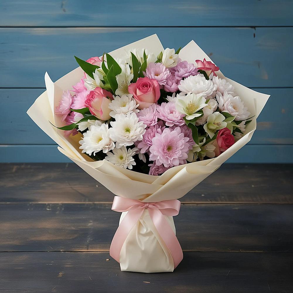 Букет цветов из: Хризантемы, Альстромерии и Розы в Березово Воронежской области